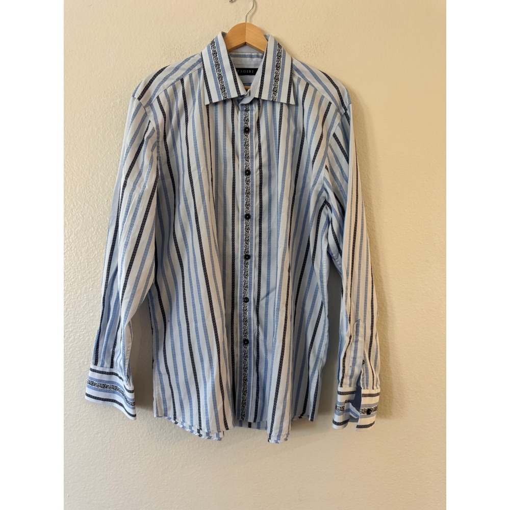 Zagiri Shirt Mens Large Blue White Striped Paisley Trim Cotton Button Down Good